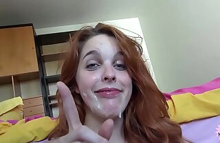 POV Cock Sucking Redhead Takes Facial