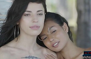 Petite Asian and Russian teen lesbians outdoor posing