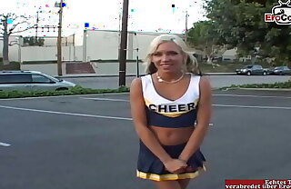 Petite peaches cheerleader teen shed up for sex beside a car